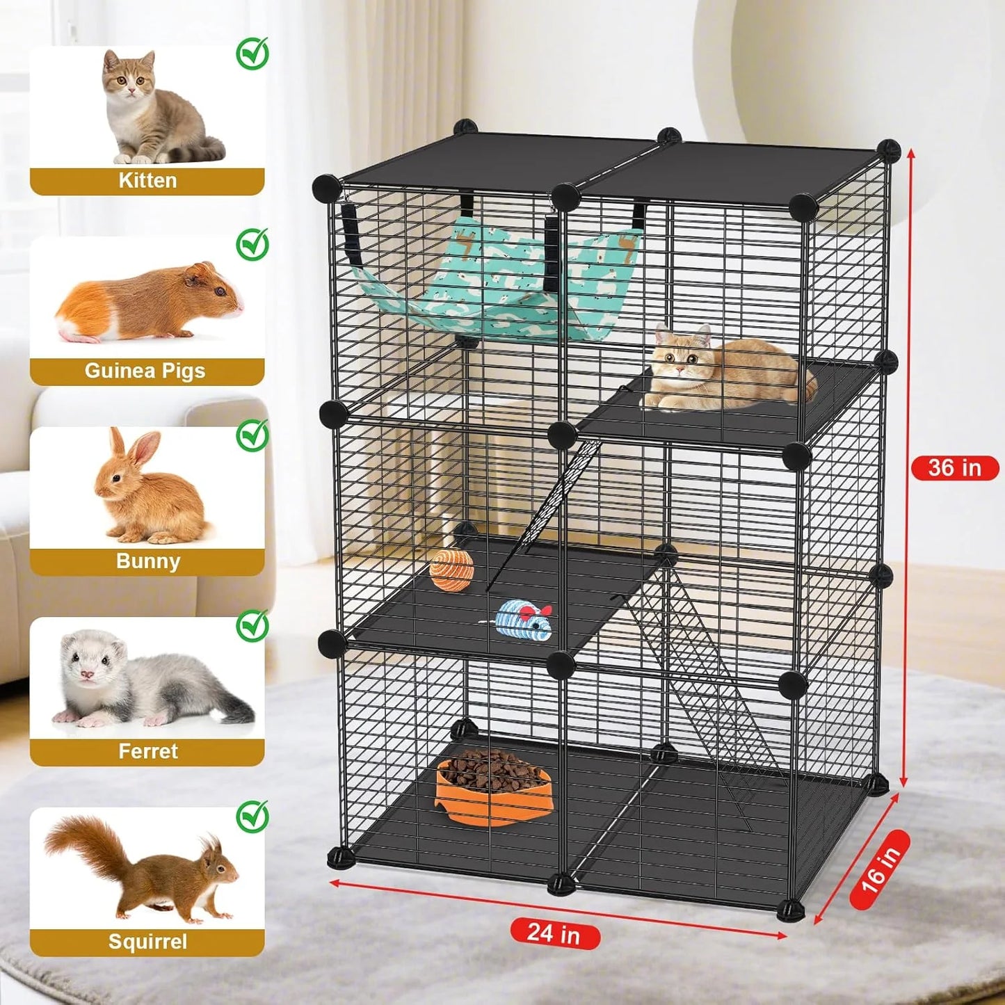Cat Cage, 3-Tier DIY Catio Cat Enclosures, 24" X 16" X 36" Cat Playpen Indoor & Outdoor with Hammock, Detachable Metal Wire Kennel Cats Crate, 2X1X3 Exercise Place for 1-2 Cats/Kitten