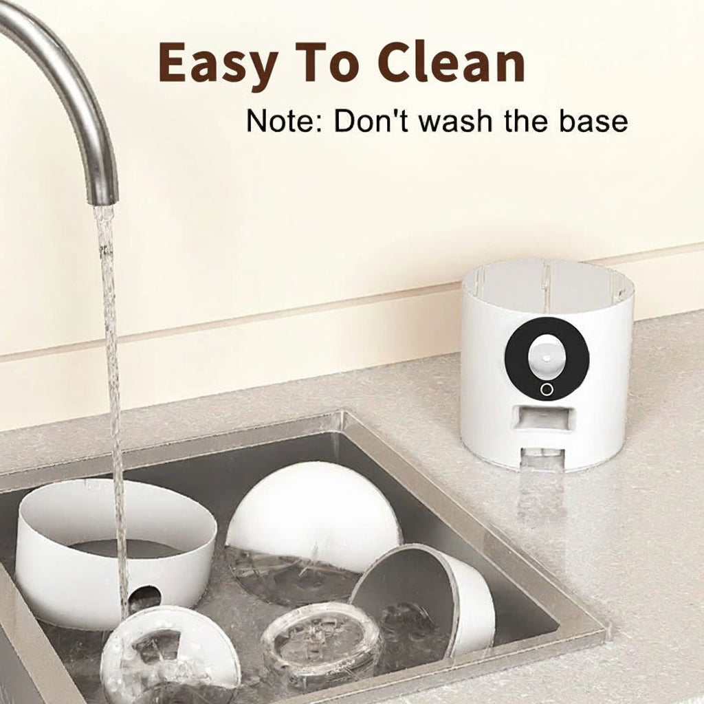 Dishwasher with dishes being washed and a note indicating not to wash the base.