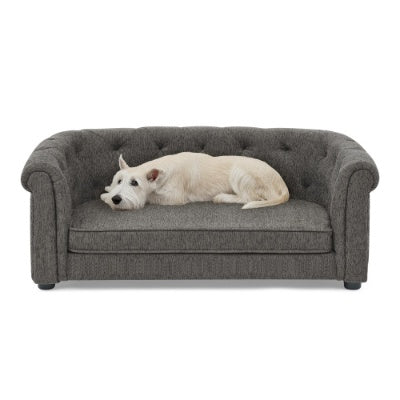 Contemporary Pet Sofa with Arc-Shaped Backrest - Breathable Linen Dog Couch with Button-Tufted Design