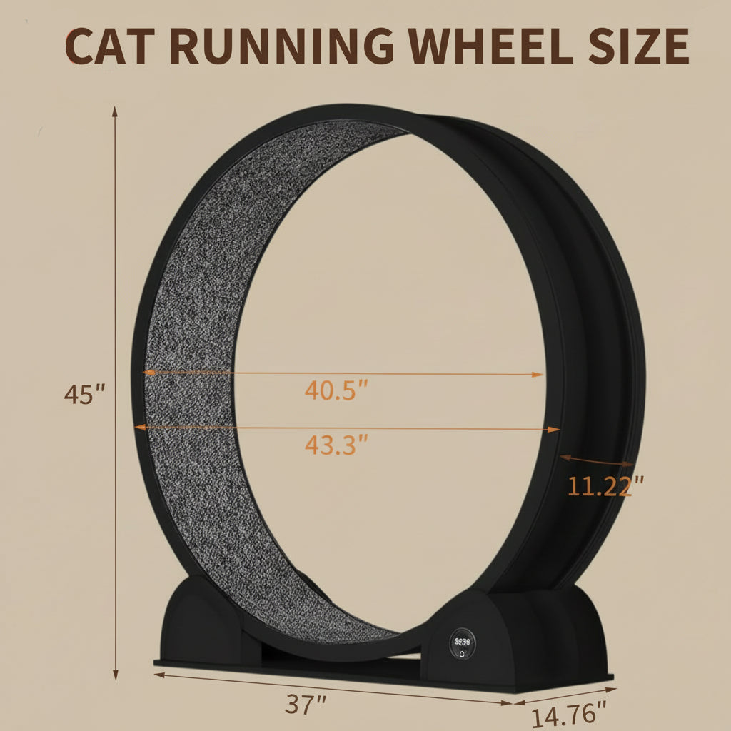 Measurement chart of a cat running wheel with dimensions labeled.