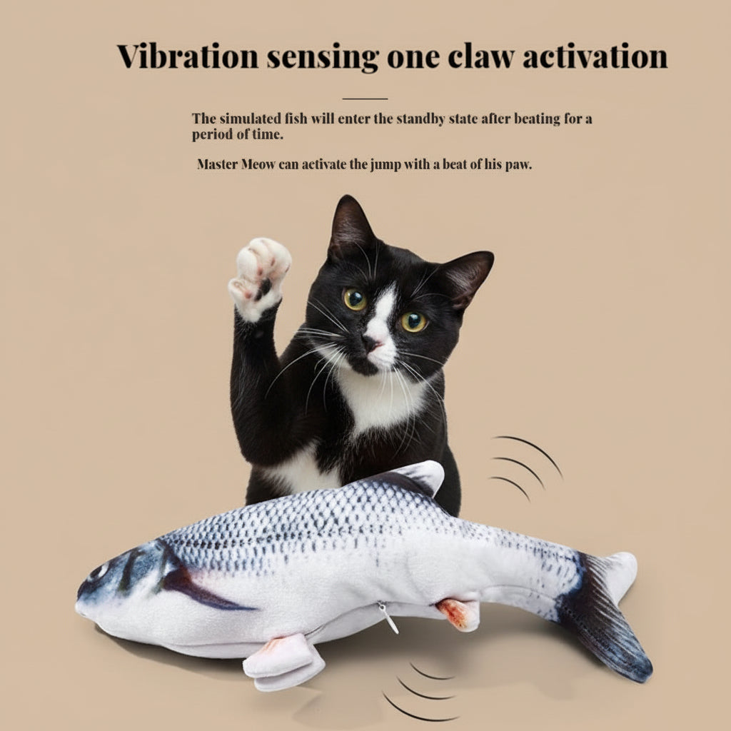 Cat playing with a fish-shaped toy with text about vibration sensing and one-claw activation.