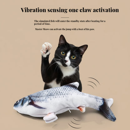 Cat playing with a fish-shaped toy with text about vibration sensing and one-claw activation.
