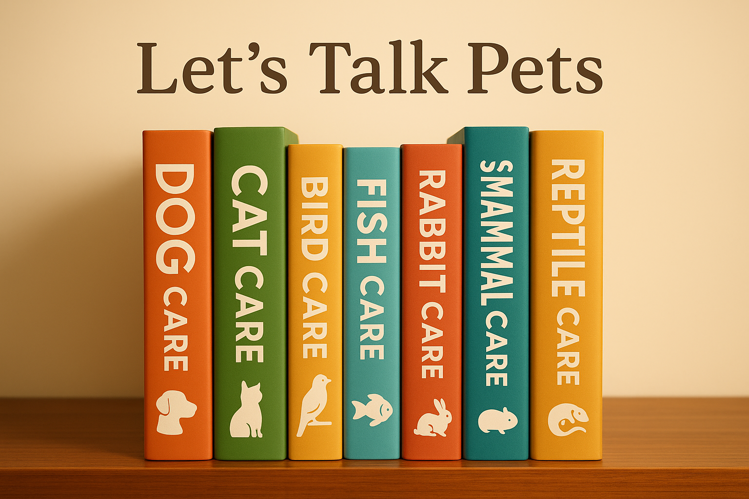 All guides arranged like books on a shelf with "Let's Talk Pets" text overlay