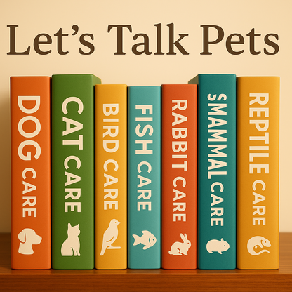 All guides arranged like books on a shelf with "Let's Talk Pets" text overlay