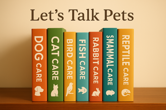 All guides arranged like books on a shelf with "Let's Talk Pets" text overlay