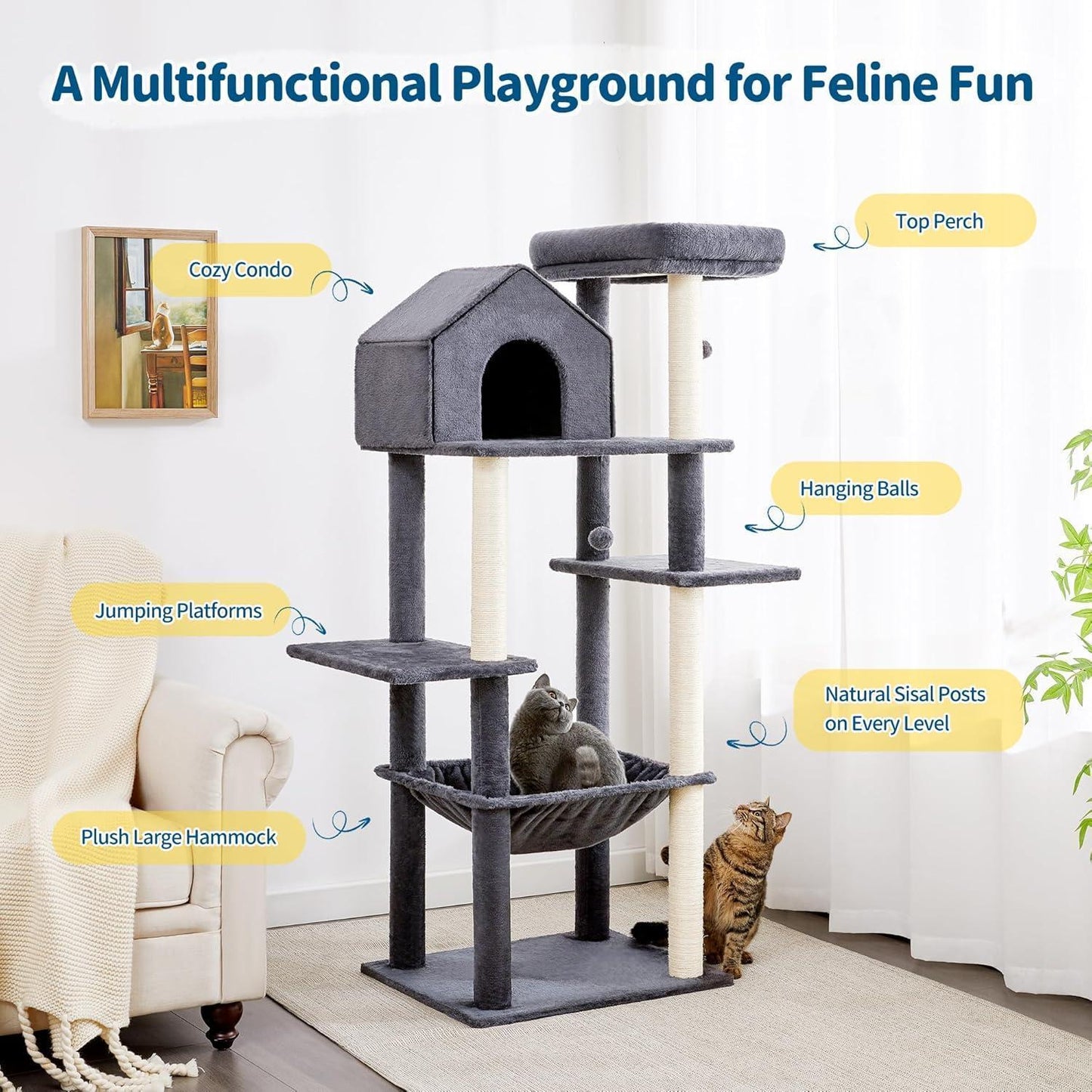 Multifunctional cat tree with various features labeled in a living room setting.