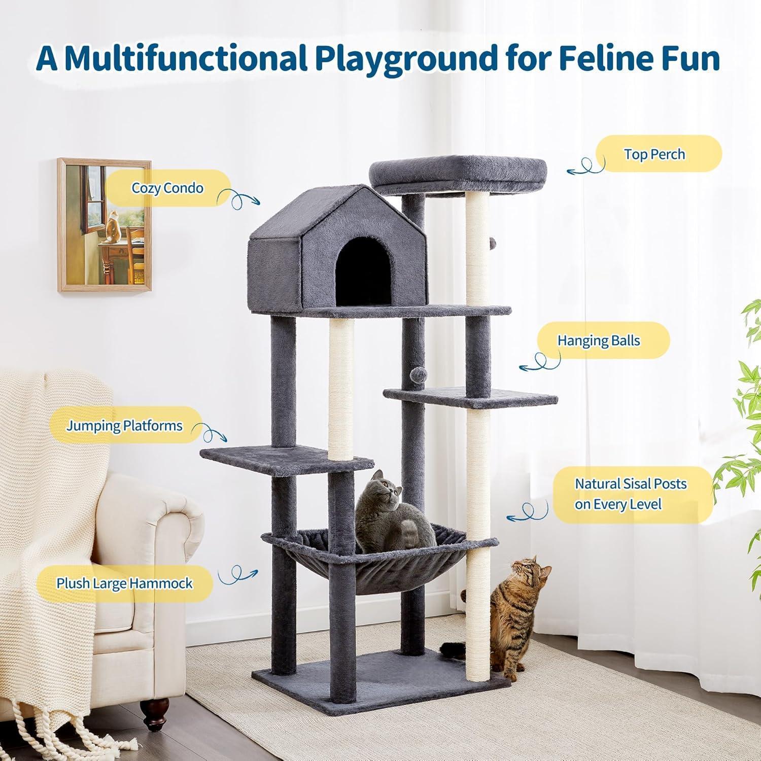Multifunctional cat tree with various features labeled in a living room setting.