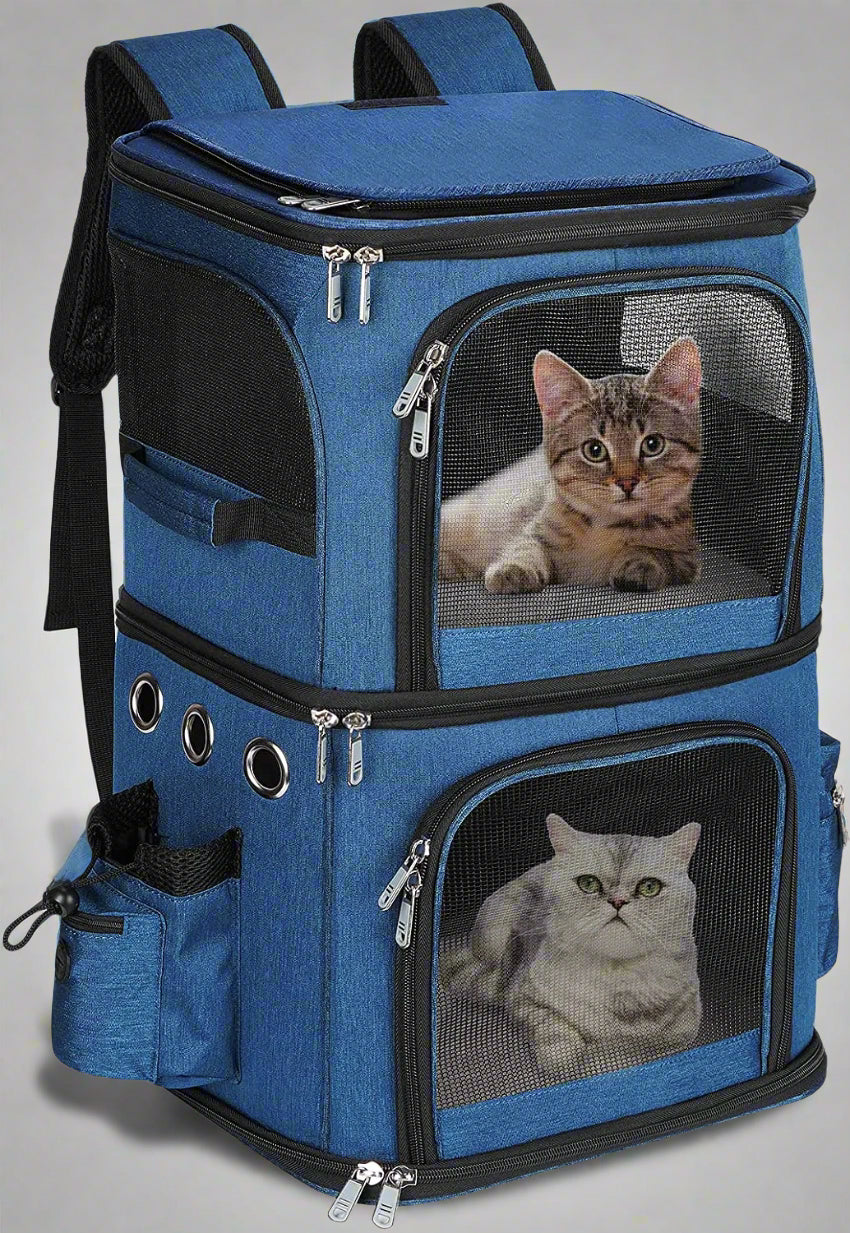 Double-Compartment Pet Carrier Backpack for Small Cats and Dogs, Cat Travel Carrier for 2 Cats, Perfect for Traveling/Hiking/Camping, Blue