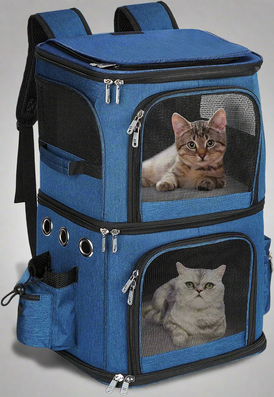 Double-Compartment Pet Carrier Backpack for Small Cats and Dogs, Cat Travel Carrier for 2 Cats, Perfect for Traveling/Hiking/Camping, Blue
