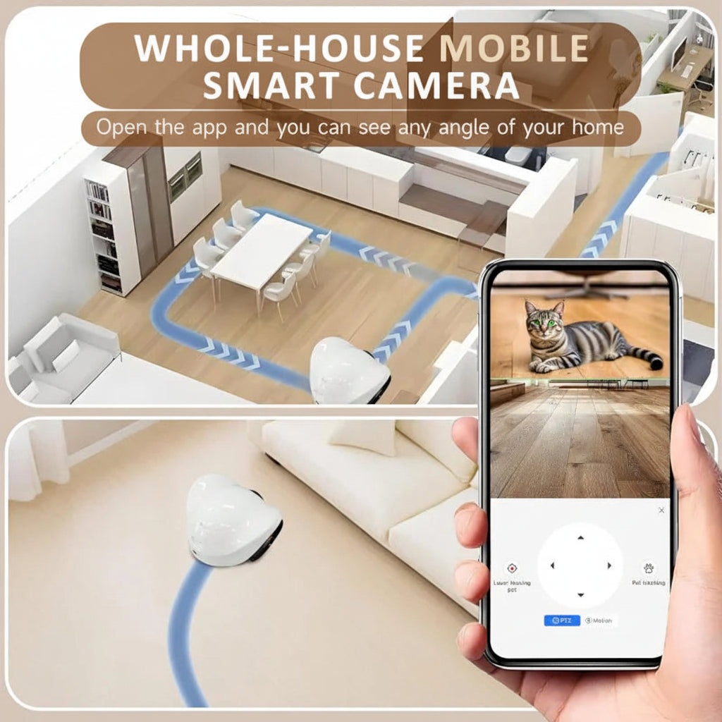 Whole-house mobile smart camera system with smartphone app interface showing a cat on the floor.