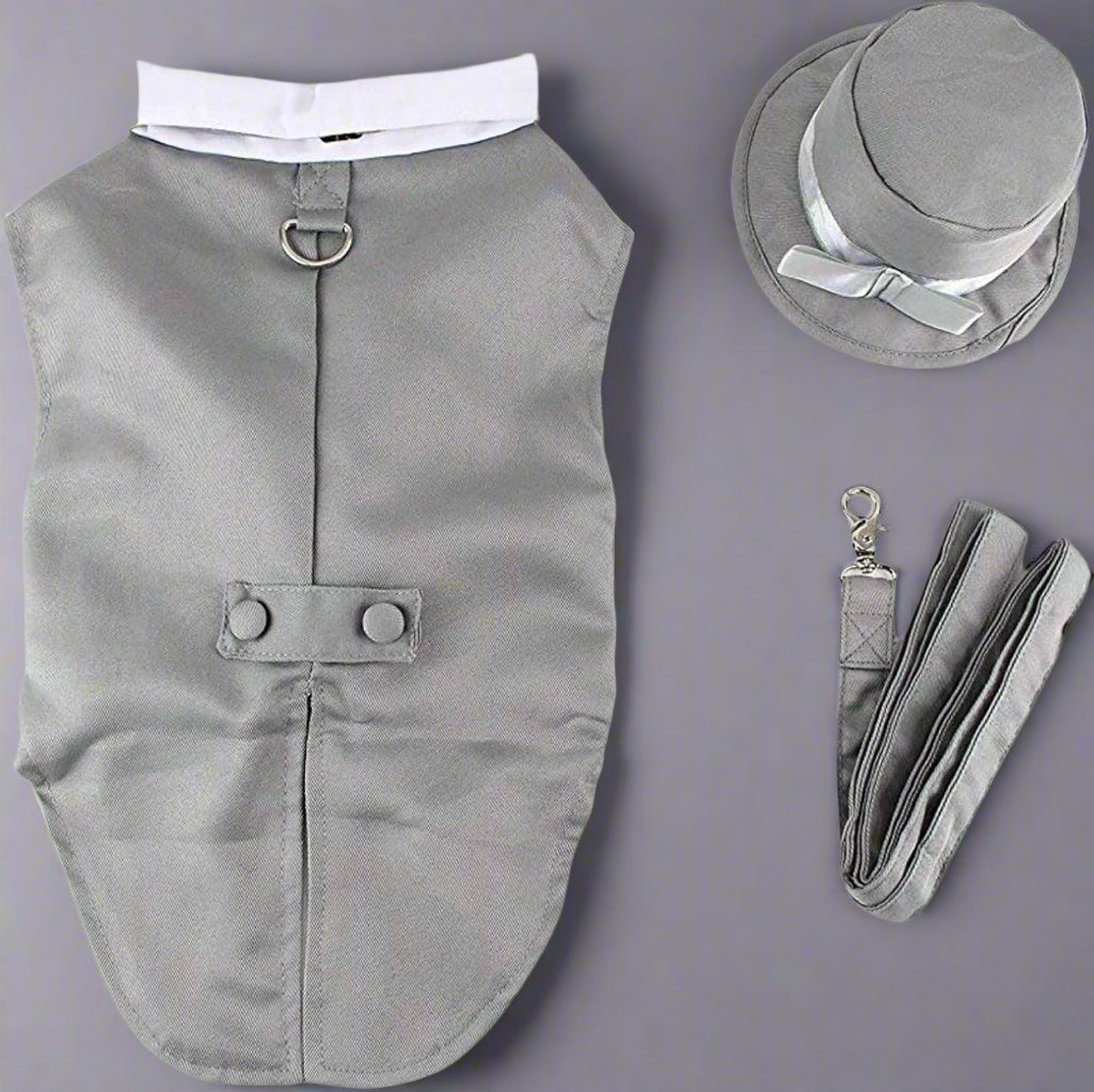 Dog Tuxedo Wedding Suit- Gray Top Hat & Leash (X-Large)