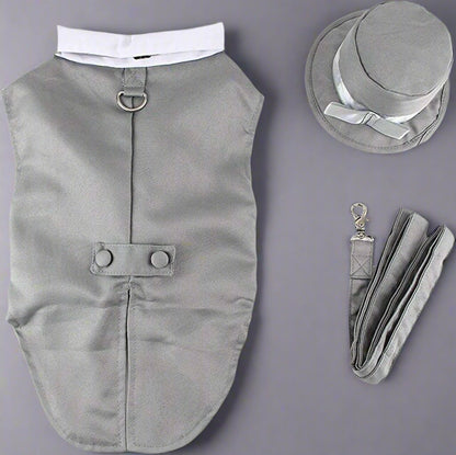 Dog Tuxedo Wedding Suit- Gray Top Hat & Leash (X-Large)