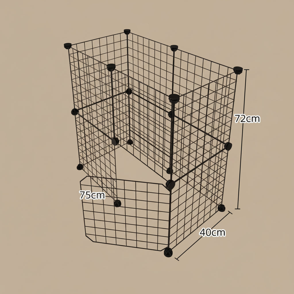 Black wire mesh pet pen with dimensions on a beige background.