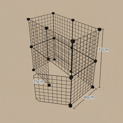 Black wire mesh pet pen with dimensions on a beige background.