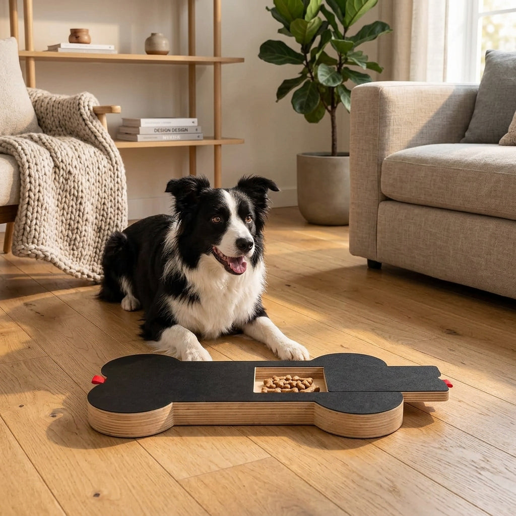 A black bone-shaped dog training mat with a natural wood base and a small food tray, shown with a black-and-white dog lying nearby. The mat is displayed in a wide view at the bottom and two smaller inset views at the top right and top right edge, all on a clean white background.