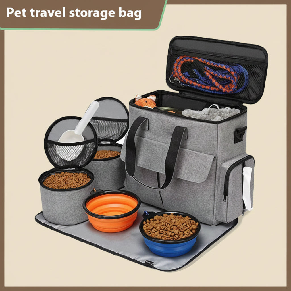 Pet travel storage bag with pet supplies on a light brown background