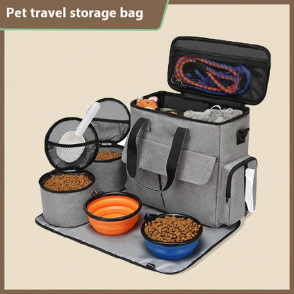 Pet travel storage bag with pet supplies on a light brown background