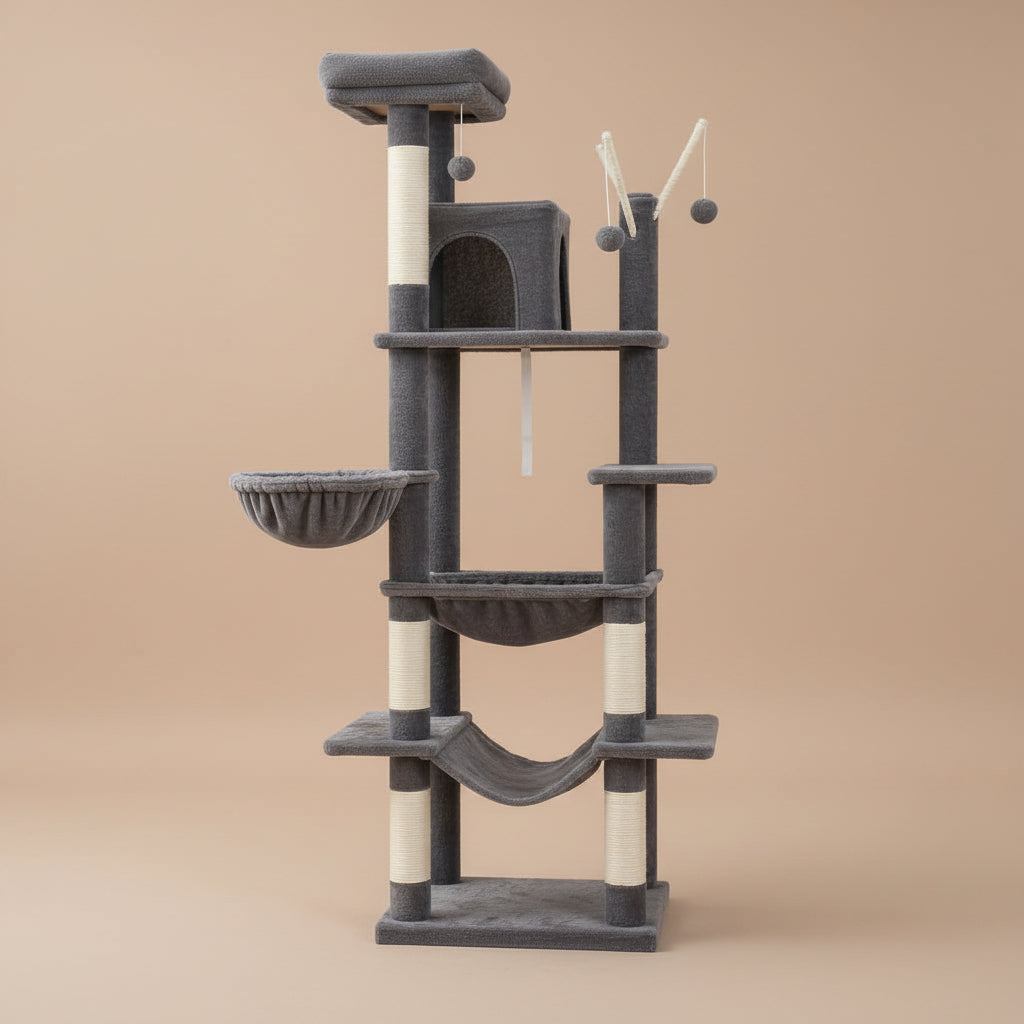 Cat tree with multiple levels and perches in a living room setting.