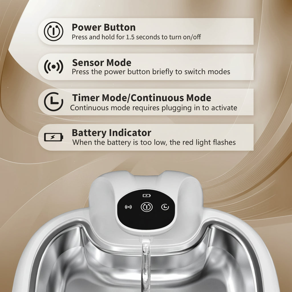Control panel of a pet water fountain with labeled buttons on a light blue background
