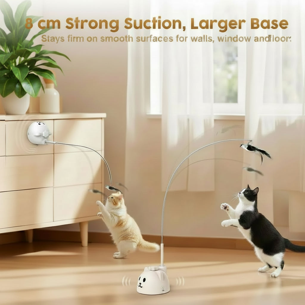 Cat toy with 8 cm strong suction and larger base, featuring two cats playing with it in a room.