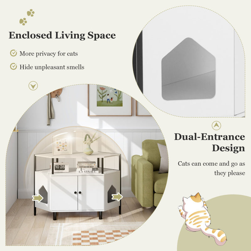 Corner Cat Litter Box Enclosure with Open Shelf 2 Entrances and Metal Legs