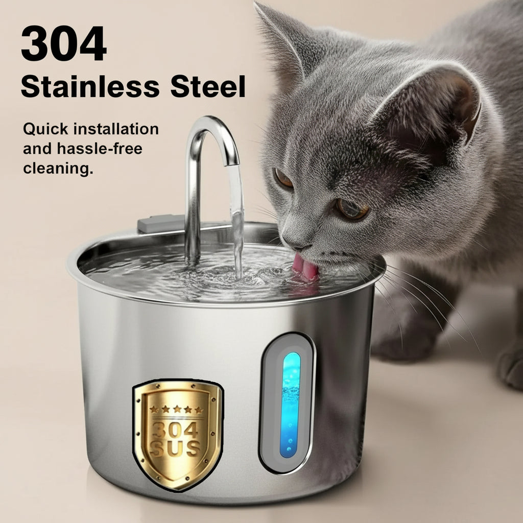 Cat drinking water from a stainless steel pet fountain with 304 stainless steel text.