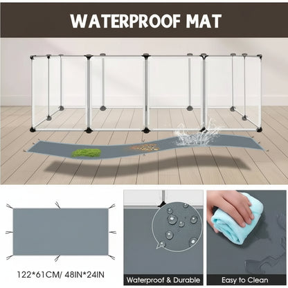 Waterproof mat being used to contain water spillage on a wooden floor, with product details and features displayed.