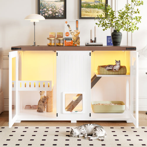 47.25" Large Cat Litter Box Enclosure with LED Light - Hidden Litter Box Furniture, Cat House with Stairs and Cat Scratching Post, Cat Cabinet Side Table with Smart Doors for Living Room, White