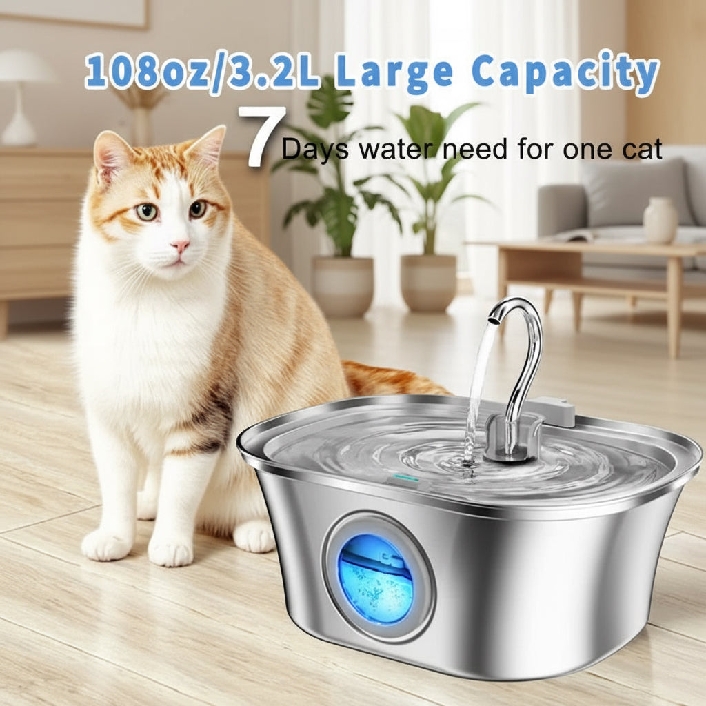 HEYBO Cat Water Fountain 3.2L Automatic Stainless Steel Pet Fountain Dog Water Dispenser