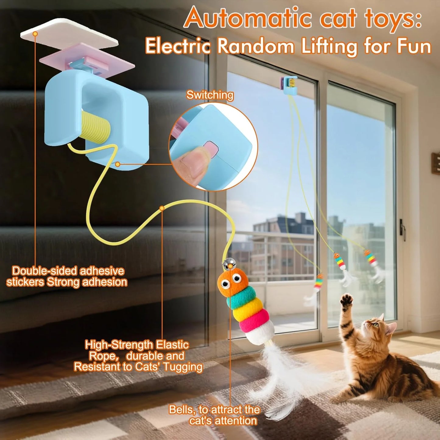 Interactive Cat Toys for Indoor Cats,Automatic Cat Hanging Toys for Bored Indoor Adult Cats, Caterpillar and Flying Bird Toy for Door Frame, Self-Play Pet Chase Toy-Blue