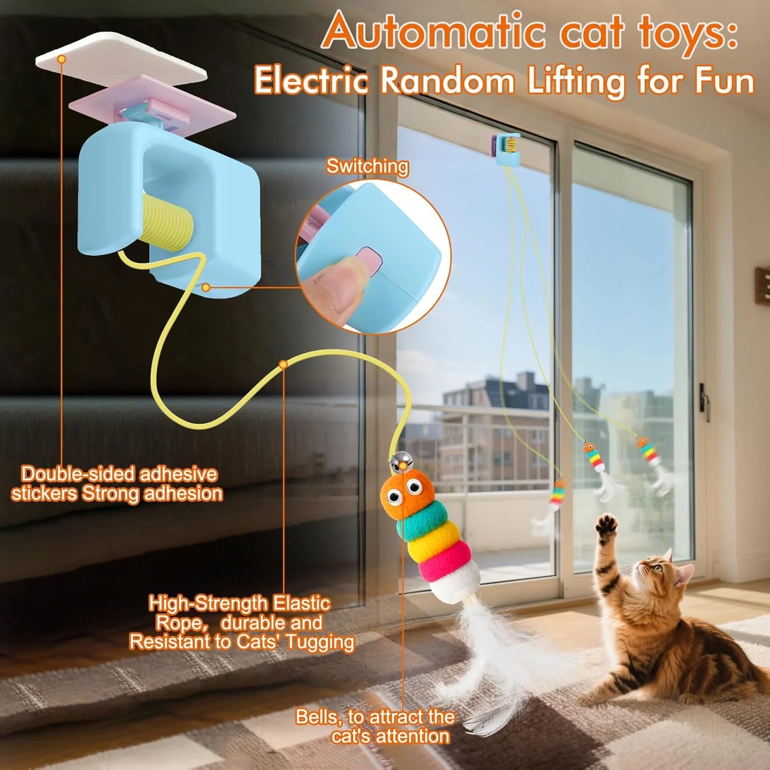 Interactive Cat Toys for Indoor Cats,Automatic Cat Hanging Toys for Bored Indoor Adult Cats, Caterpillar and Flying Bird Toy for Door Frame, Self-Play Pet Chase Toy-Blue