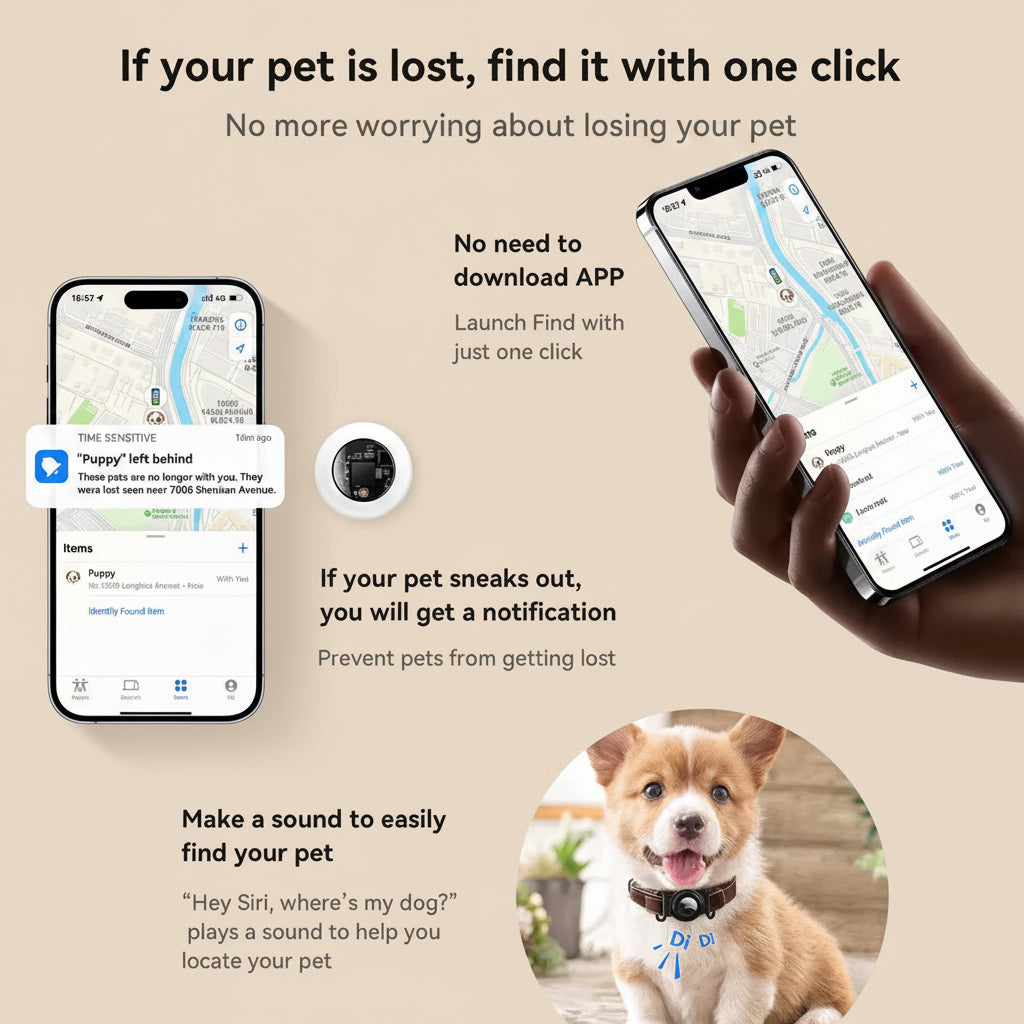 Smart pet tracker with smartphone app interface, showing a hand holding a phone with a map, and a dog wearing a tracker. Text explains features like finding pets with one click and receiving notifications.
