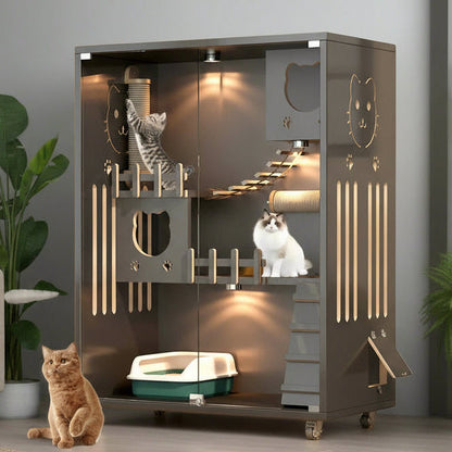 Desara Wooden Cat Villa, Large Cat Enclosure, Indoor Enclosed Cat House