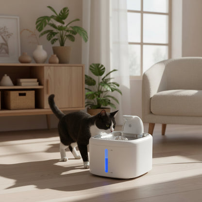 Image of a Tuxedo cat using a white smart water fountain with blue light, in a living room setting