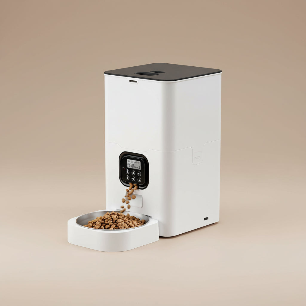 White and black pet food dispenser with a bowl of kibble on a beige background