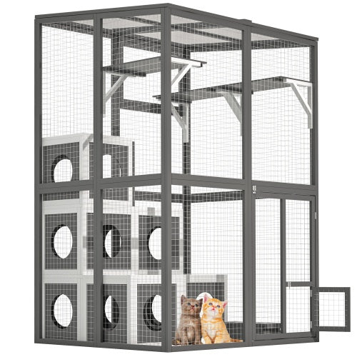 Outdoor Wooden Cat Catio - Large Solid Wood Cat Cage Playpen with 2 Jumping Platforms &amp; 7 Napping Houses, Walk-in Cat Kennel Condo Shelter, Grey
