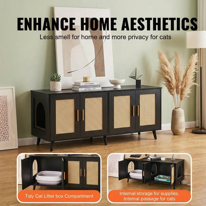 A black cat furniture piece with four cane-screen doors and gold handles, shown in a styled room scene. Large text at the top reads 'ENHANCE HOME AESTHETICS' and the lower section includes two inset benefit callouts.