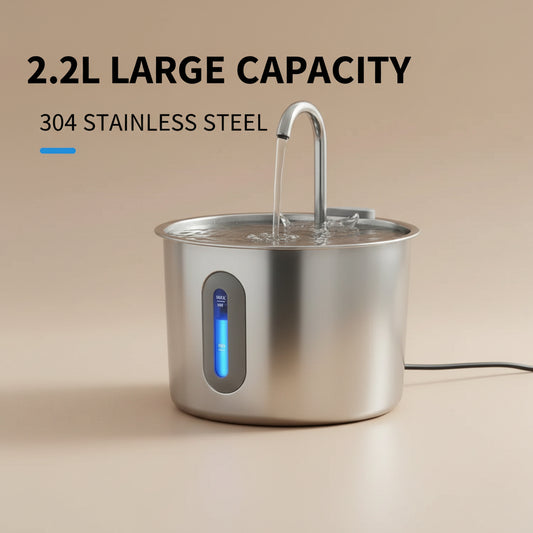 Stainless steel water dispenser with digital display on a wooden surface, featuring text about capacity and material.
