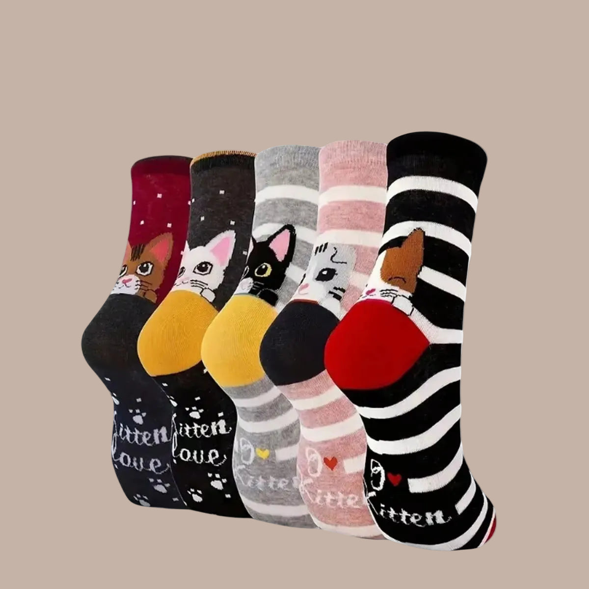 Set of five pairs of cat-themed socks with different color schemes on a white background.