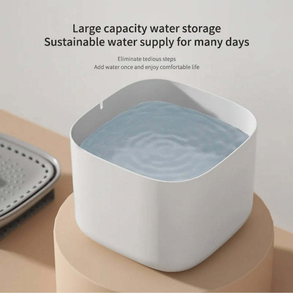 White water storage container with blue water on a beige surface, text about large capacity and sustainable water supply.
