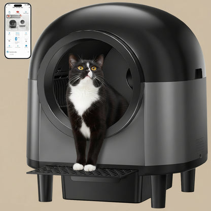 White cat standing inside a modern black and gray pet door with smartphone app icon on the left.