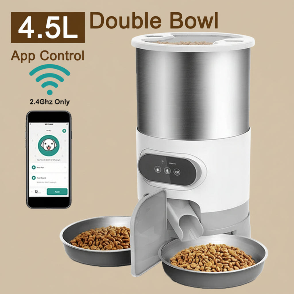 Smart pet feeder with two bowls of food, app control feature, and 4.5L capacity on a brown background.