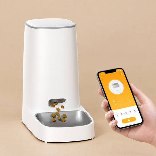 White pet feeder with smartphone app control by ROJECO on a beige surface.