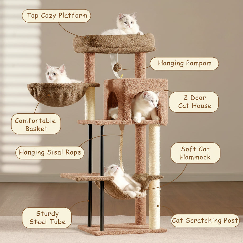 Cat tree with various features labeled, including a cat sitting on top.