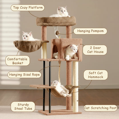 Cat tree with various features labeled, including a cat sitting on top.