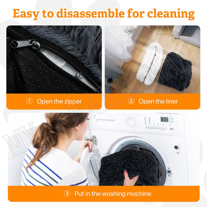 Instructions for cleaning a product with images of opening a zipper and liner, and putting it in a washing machine.