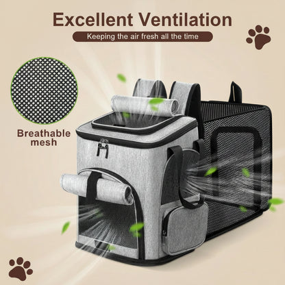 Pet carrier with mesh design for excellent ventilation, featuring text and graphics on a white background.