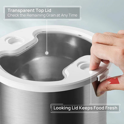 Stainless steel container with a transparent top lid being opened by a hand.