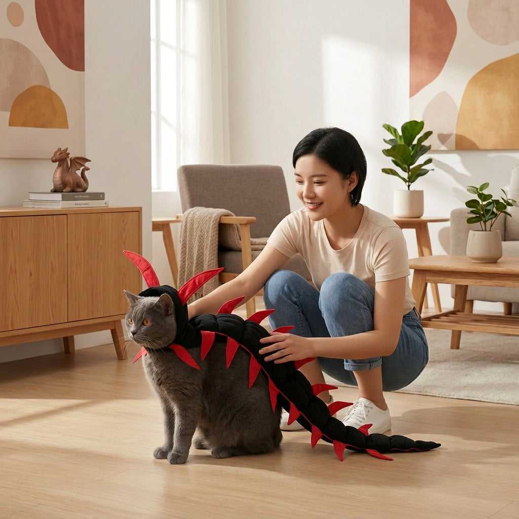 A woman crouches beside a gray cat in a bright indoor room, holding a black centipede costume with red legs.