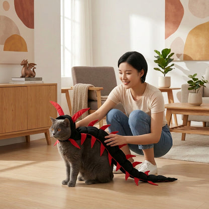 A woman crouches beside a gray cat in a bright indoor room, holding a black centipede costume with red legs.